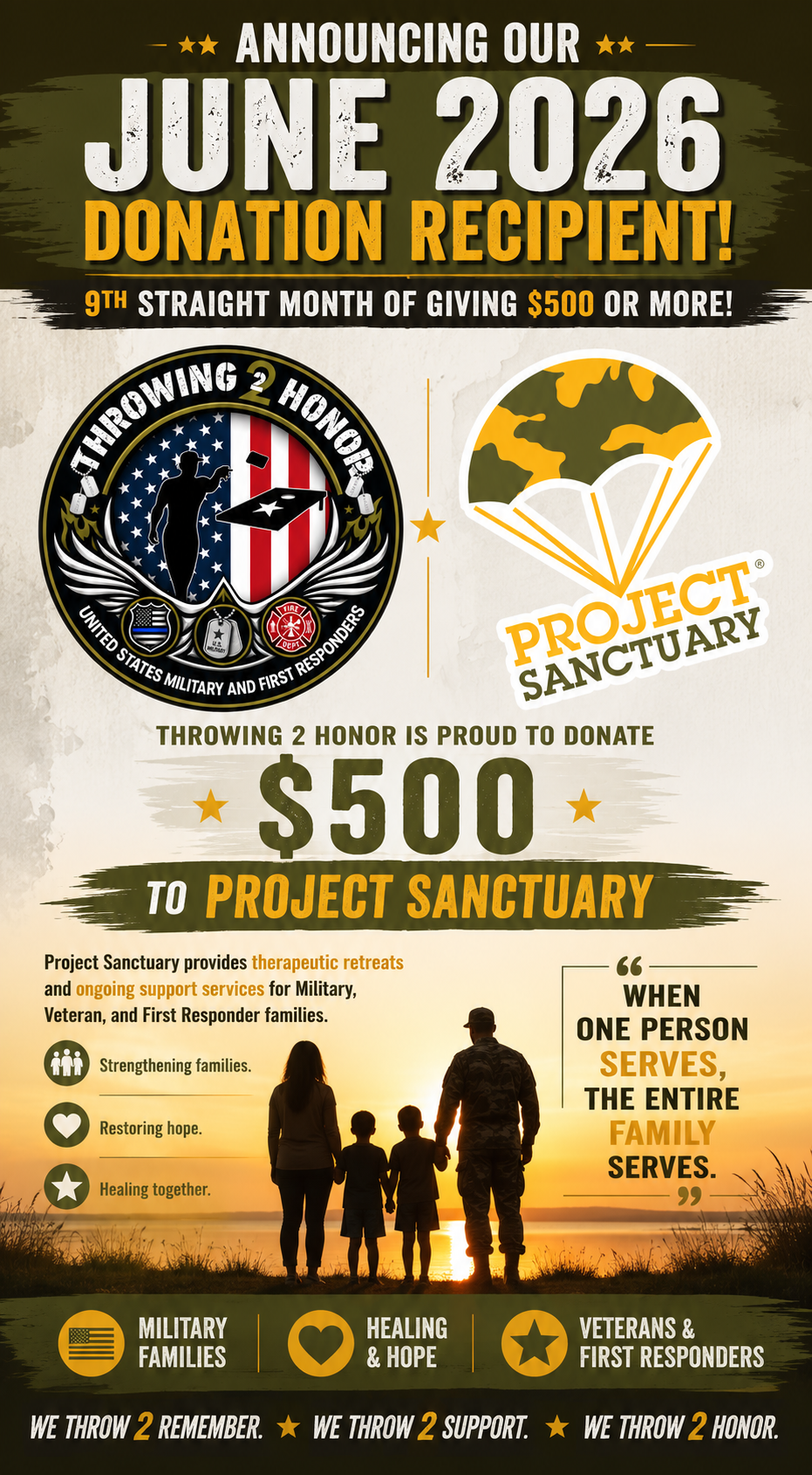 Throwing 2 Honor June 2026 Project Sanctuary donation announcement flyer